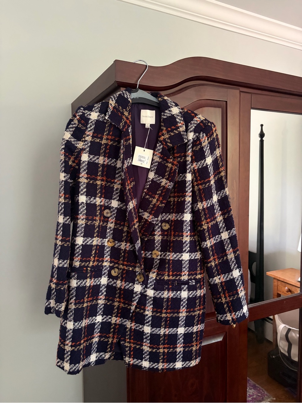 Favorite Daughter Navy White Rust Plaid Double-Breasted Tweed Blazer